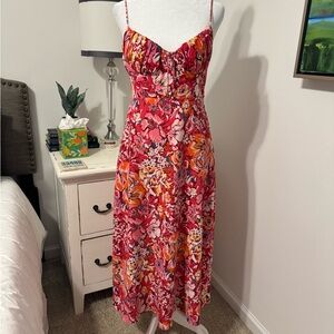 Pink Floral Midi Slip Dress with Spaghetti Straps